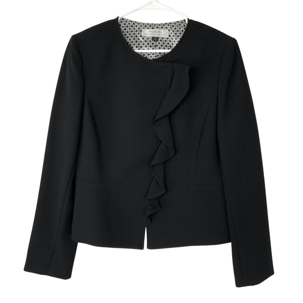 Tahari ASL Black Blazer 10 Snap Button Ruffle Round Neck Long Sleeve